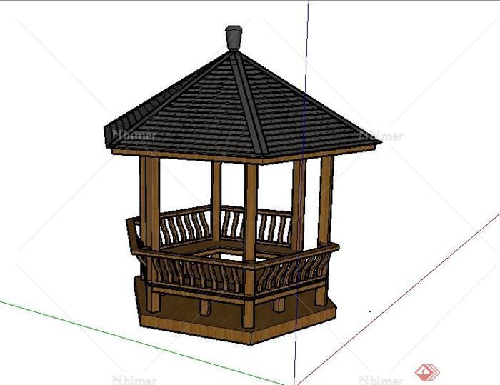 某古典中式木制六角亭设计su模型