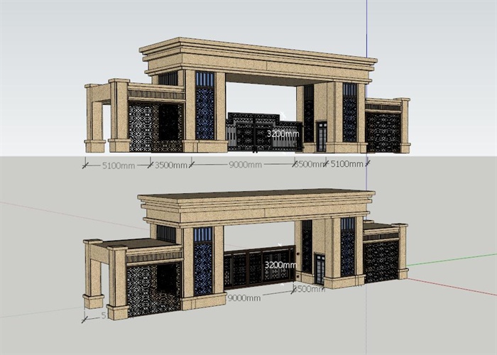 某新古典风格详细完整的两个小区大门设计su模型[原创