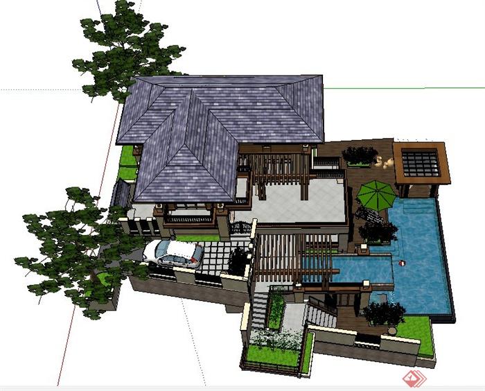 现代中式风格山地别墅住宅建筑设计su模型