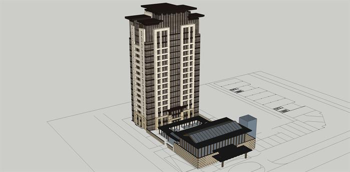 北京某新古典住宅高层,中式会所建筑设计方案su模型(附cad平面图,效果