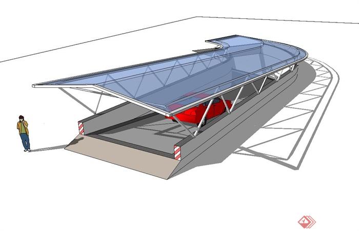 某小区地下车库入口弯曲玻璃廊架设计su模型[原创