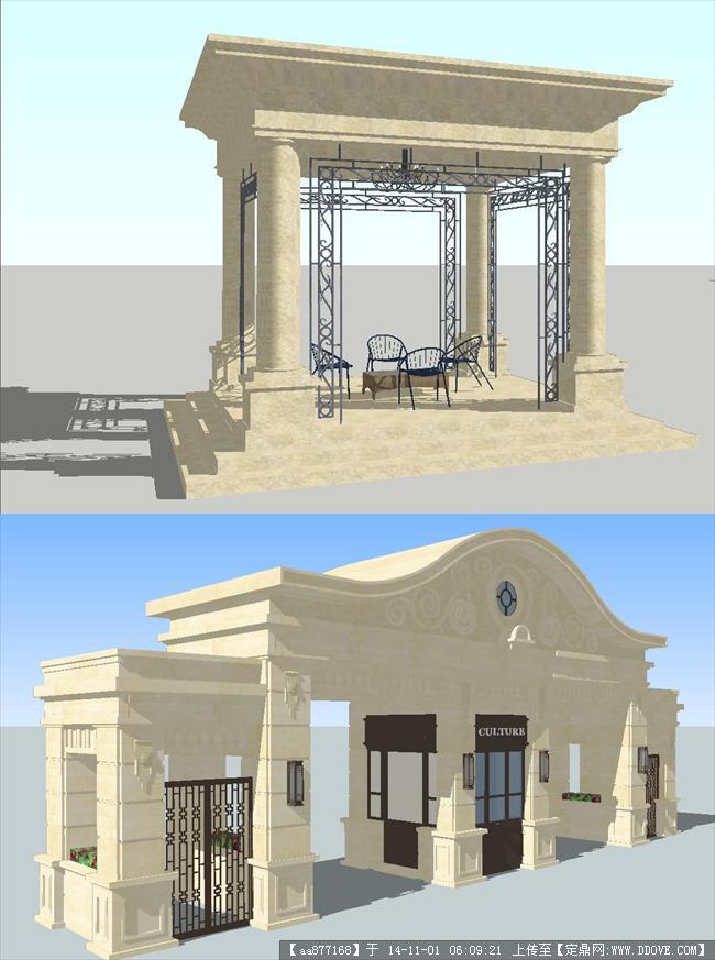 新古典小区门楼和景观亭精细su设计模型