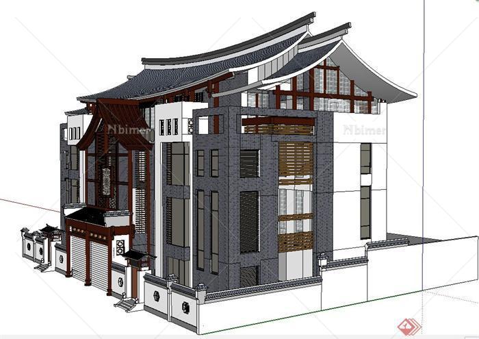 现代中式多层别墅建筑设计su模型原创
