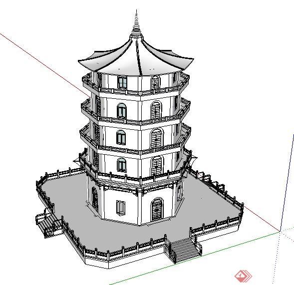 某中式风格五层塔楼su模型