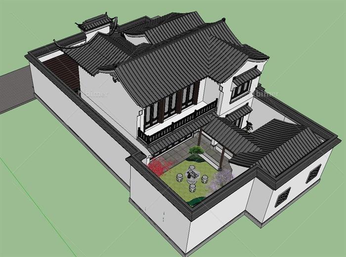 现代中式风格一套精致仿古小别墅建筑su设计模型