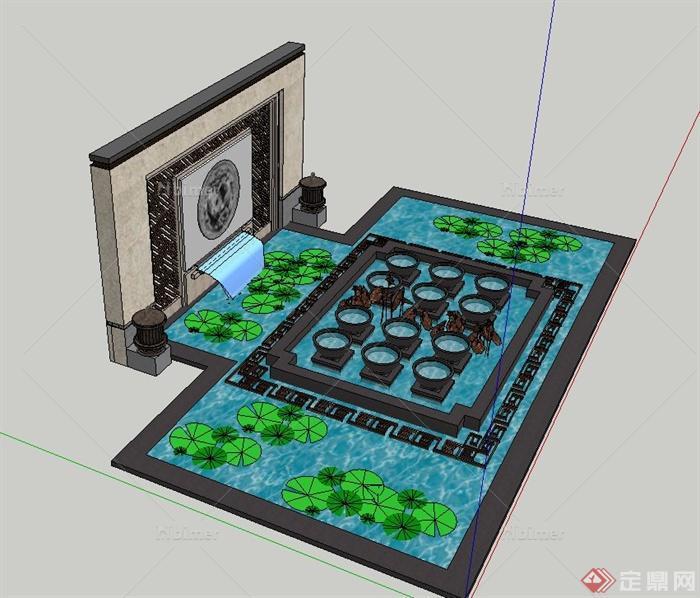 园林景观节点水景墙组合设计su模型