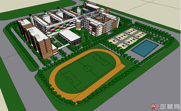 某市现代风格中心小学校多栋教学楼带体育场建筑设计su模型