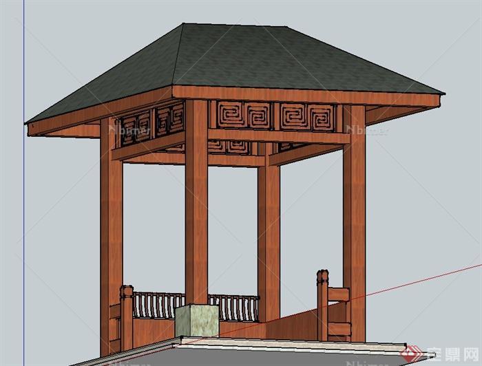 园林景观节点木质四角方形亭子设计su模型