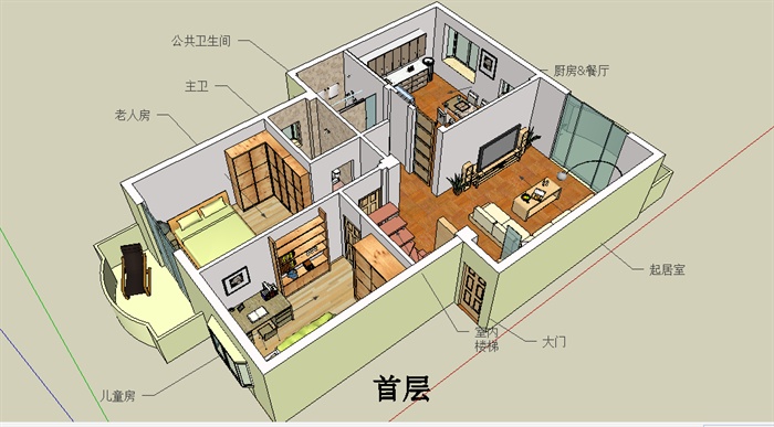 现代复式住宅一层室内设计su模型[原创]