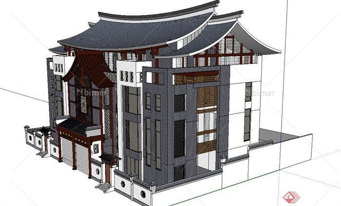 古典中式多层会所建筑设计su模型原创