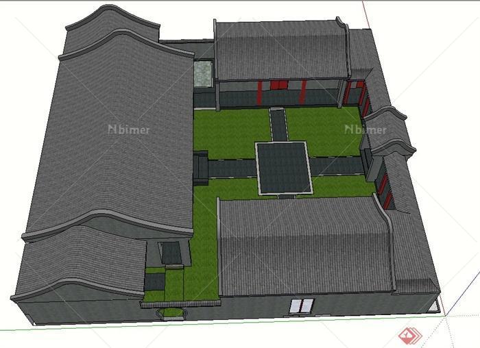 古典中式单层住宅四合院建筑设计su模型