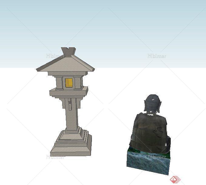 古典中式石雕塑与石灯设计su模型
