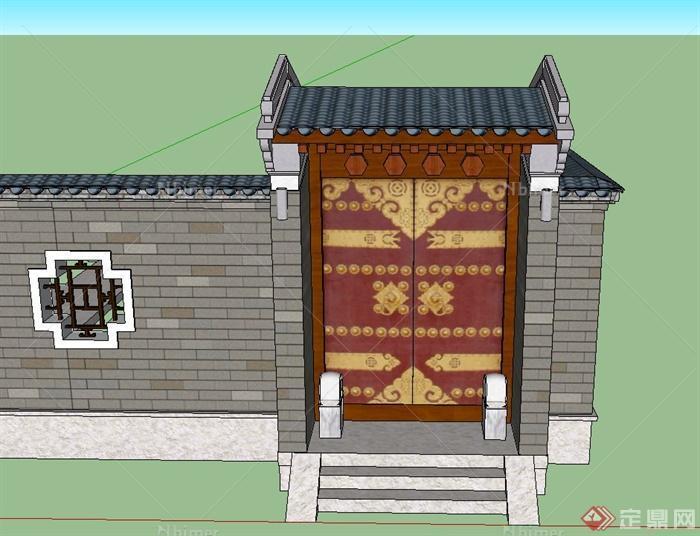 古典中式建筑大门与围墙设计su模型