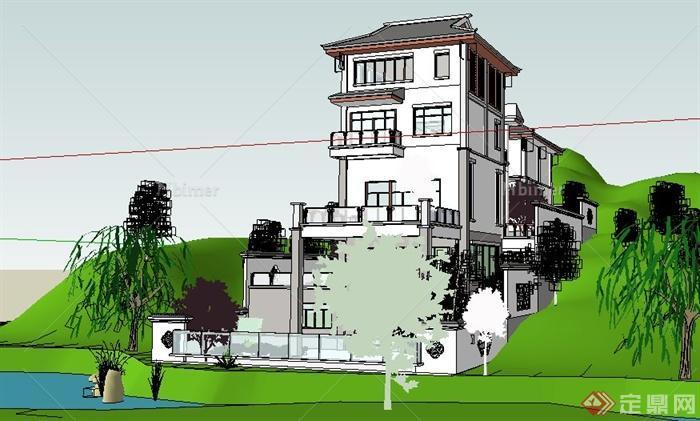 现代中式山地住宅别墅建筑设计su模型[原创]
