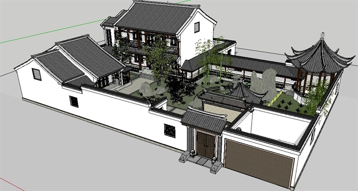 某中式小别墅建筑设计su模型(带庭院景观)[原创]