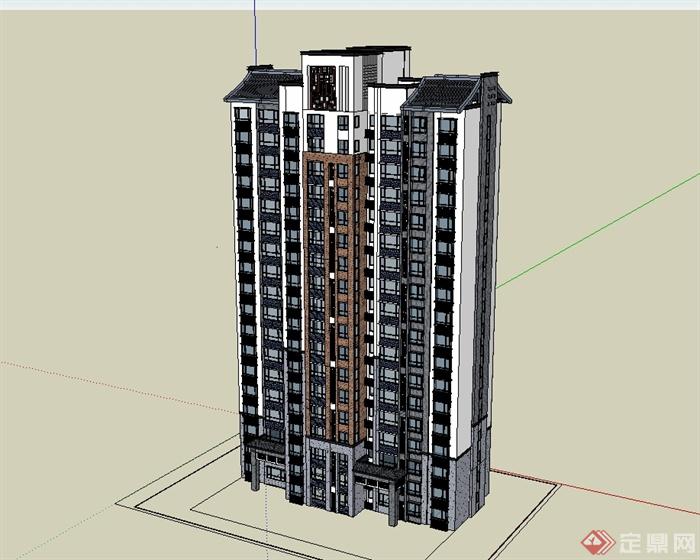 新中式风格小高层住宅建筑楼设计su模型[原创]