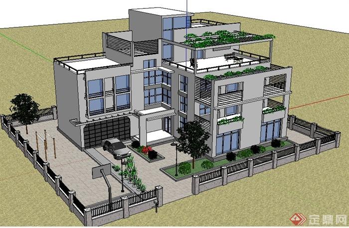 现代简约中式风格别墅建筑设计su模型