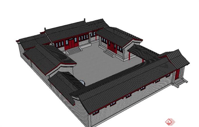 某中式民居四合院设计su模型素材