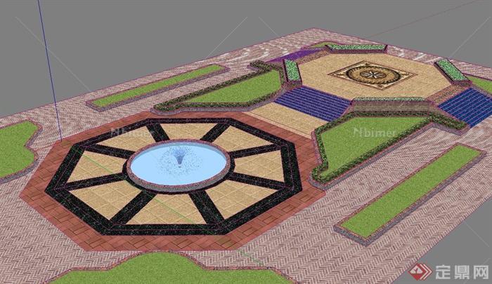 某现代风格规则式广场喷泉绿地景观设计su模型[原