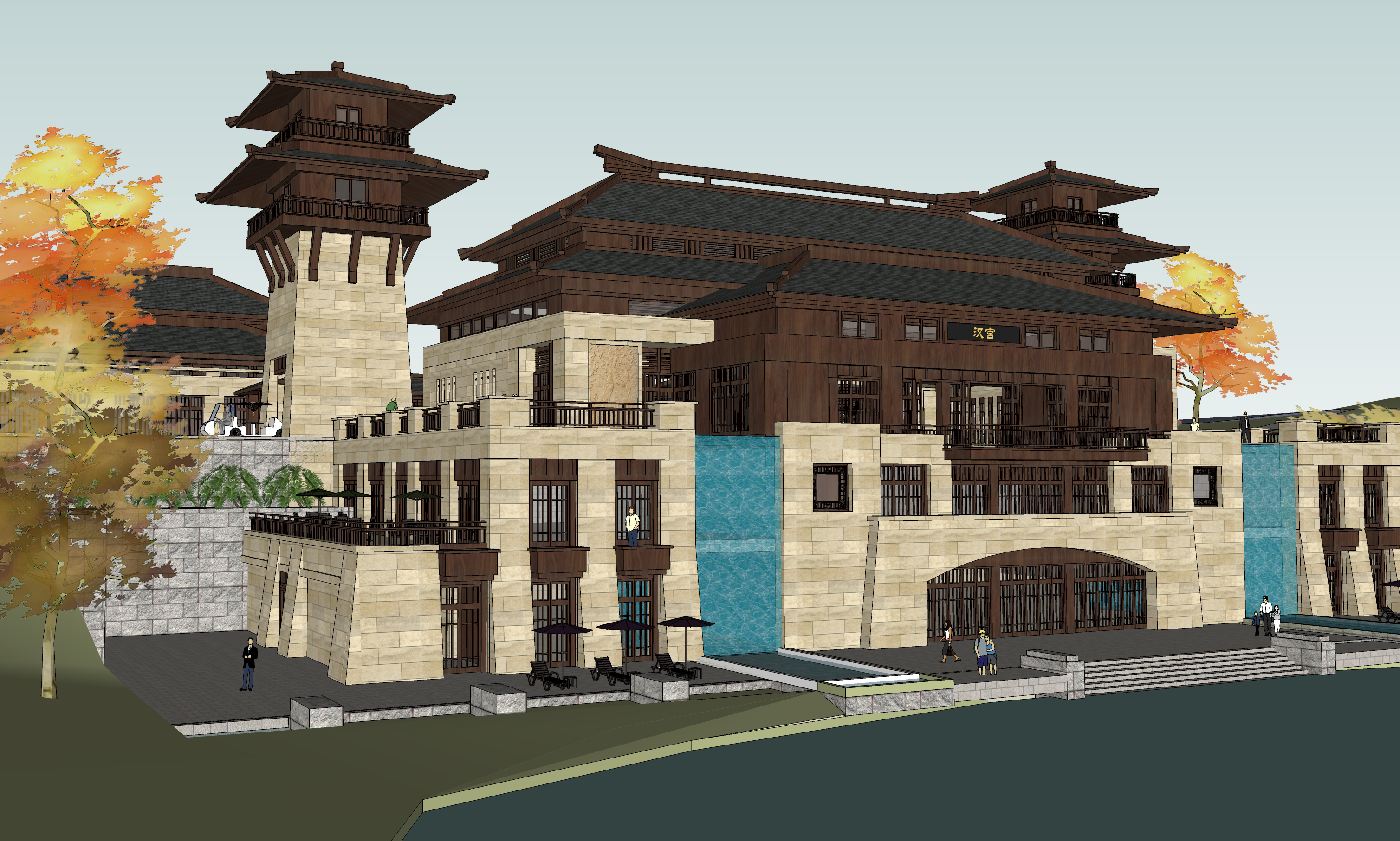 度假村,中式风格,建筑设计,景观设计,sketchup模型相关资料汉唐风格