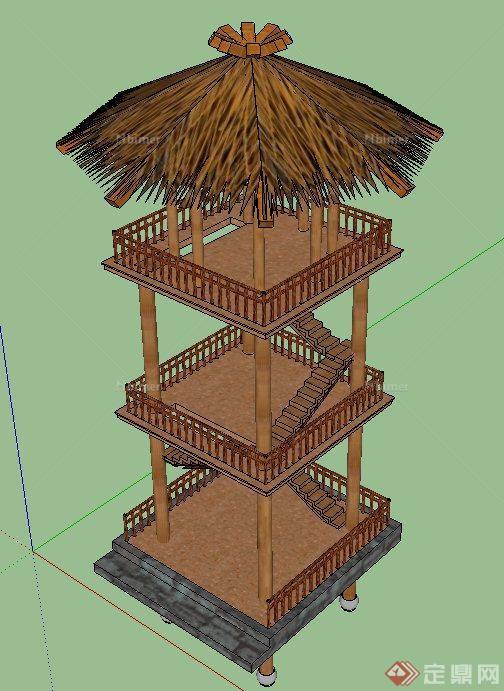 古典中式三层木质景观塔设计su模型