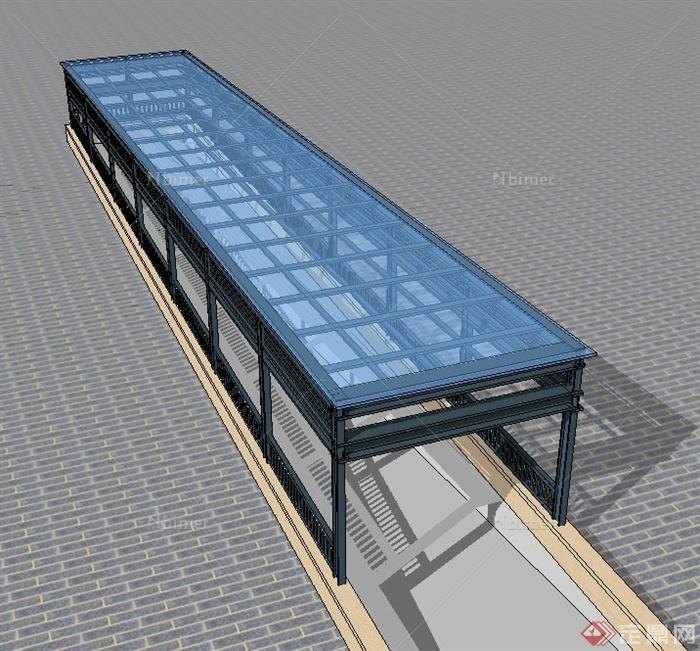 某小区钢架结构玻璃地下车库入口廊架设计su模型[原创