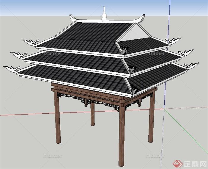 中式风格三重檐凉亭su模型