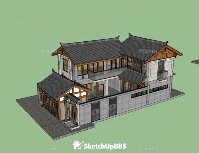 文化商业院子 建筑单体 商业建筑 川派 提供ske sketchup模型库