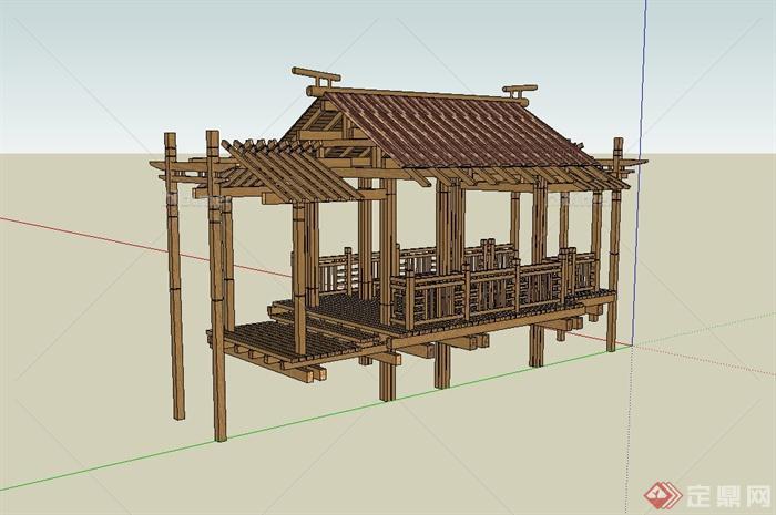 某现代旅游景区全木质凉亭设计su模型[原创]