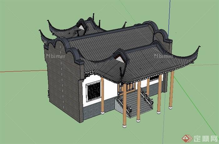 某古典中式单层翘檐屋顶戏台建筑设计su模型