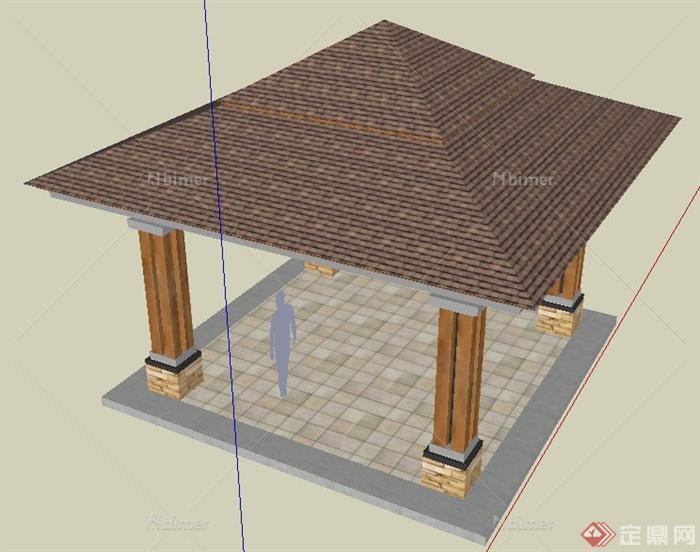 园路景观中式四角方亭su模型