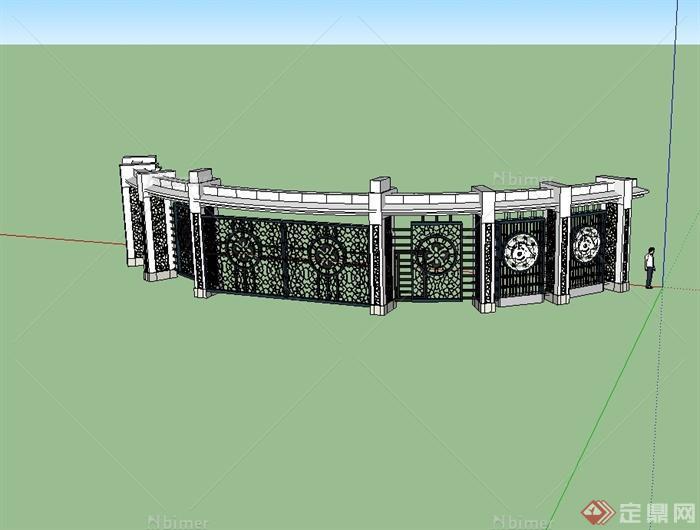 某现代中式风格弧形大门造型设计su模型原创