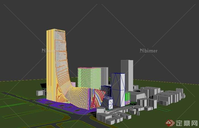 现代某l形高层办公区建筑设计3dmax模型