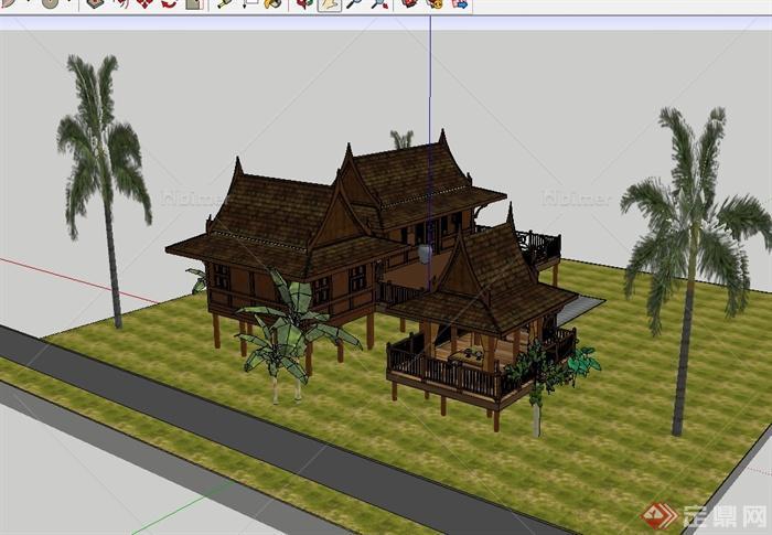 某东南亚风格民居住宅楼建筑设计su模型原创