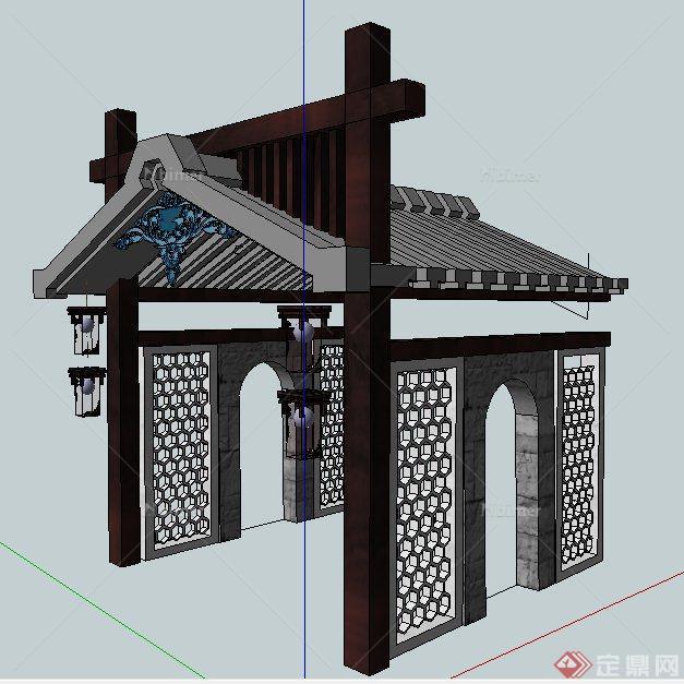 现代中式入口门廊su模型