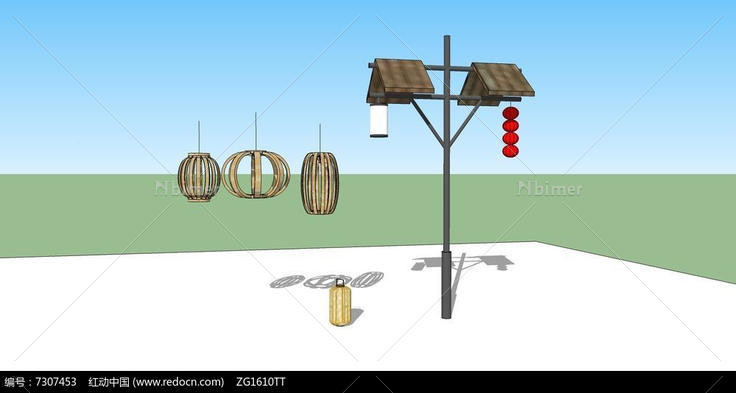 中式古代灯笼路灯su模型