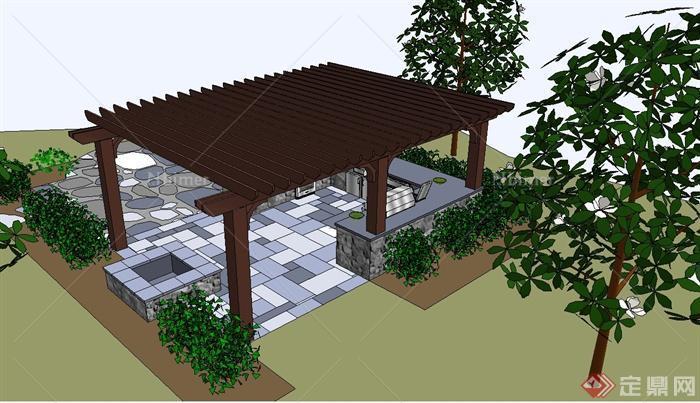 某庭院景观节点木质廊架设计su模型原创
