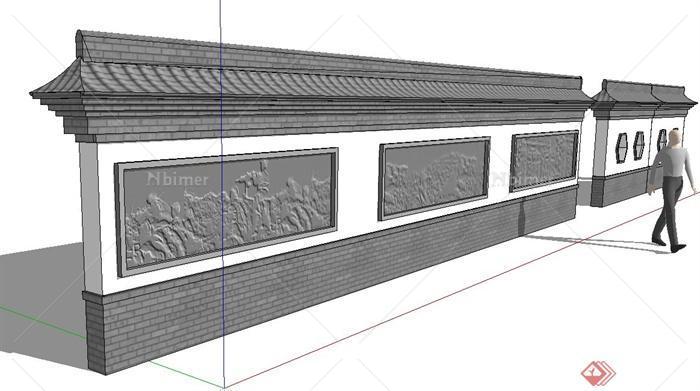 新中式两道景墙照壁设计su模型[原创]