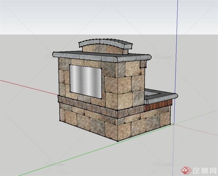 现代风格砖砌跌水池设计su模型[原创]