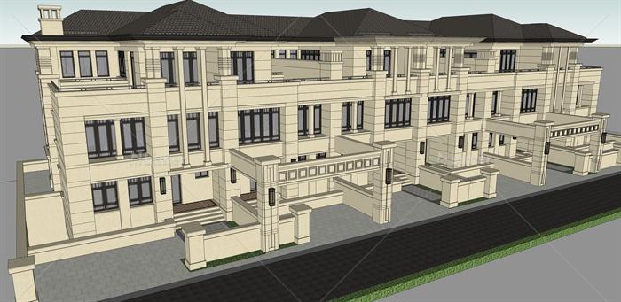 新古典风格联排别墅住宅建筑设计(SU模型+效果图
