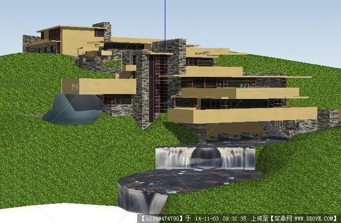 流水别墅建筑和景观设计su模型