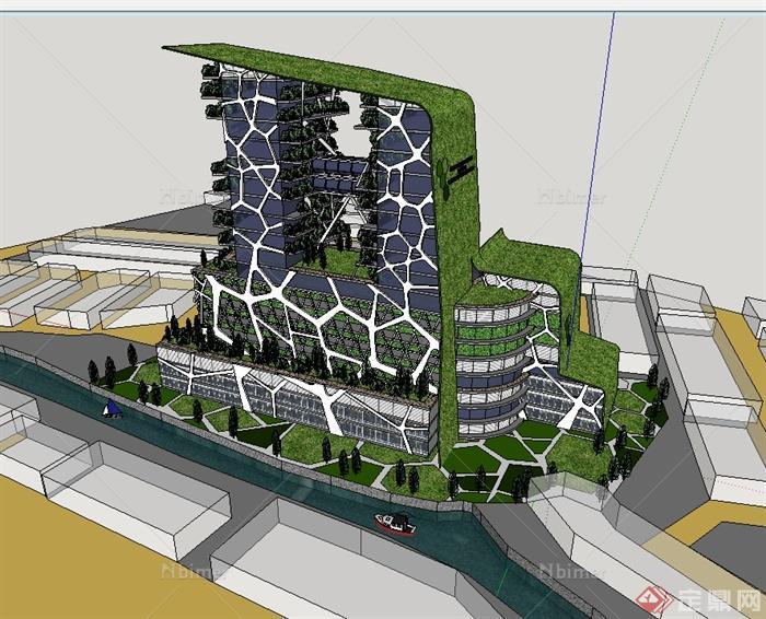 现代高层生态办公楼建筑设计su模型原创