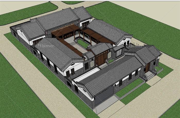 某精致古典中式风格四合院式住宅建筑设计su模型