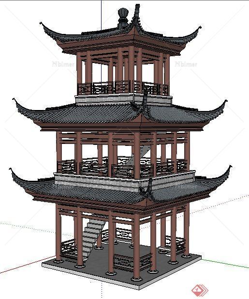 古典中式四角塔楼设计su模型