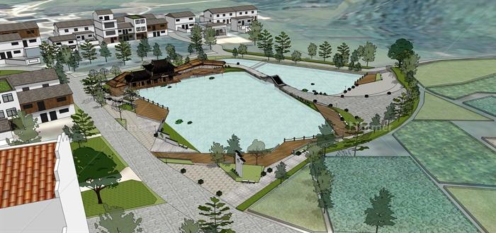 中式新农村池塘滨水公园景观设计su模型