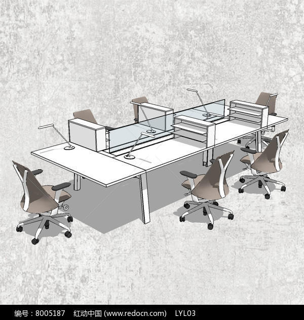 六人组合办公桌su模型