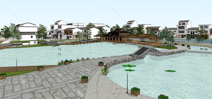 中式新农村池塘滨水公园景观设计su模型