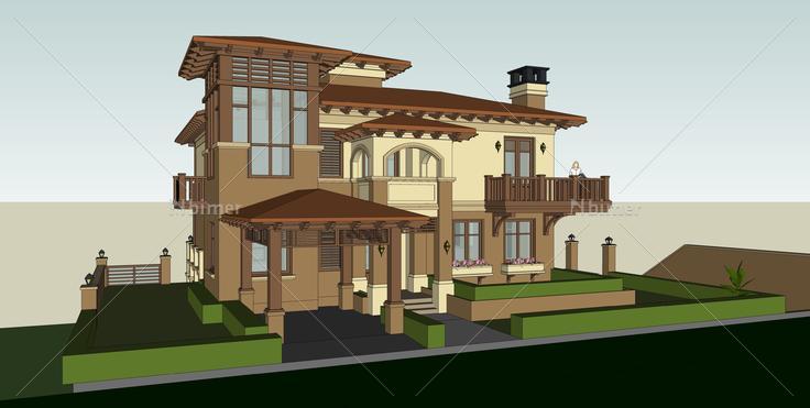 西班牙风格独栋山地别墅sketchup模型