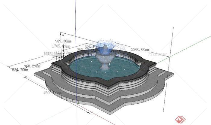 现代花型灰色石材喷泉水池su模型