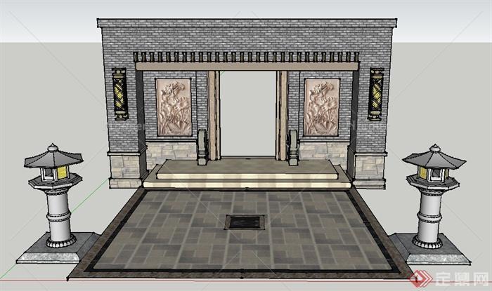 古典中式石砌门廊设计su模型